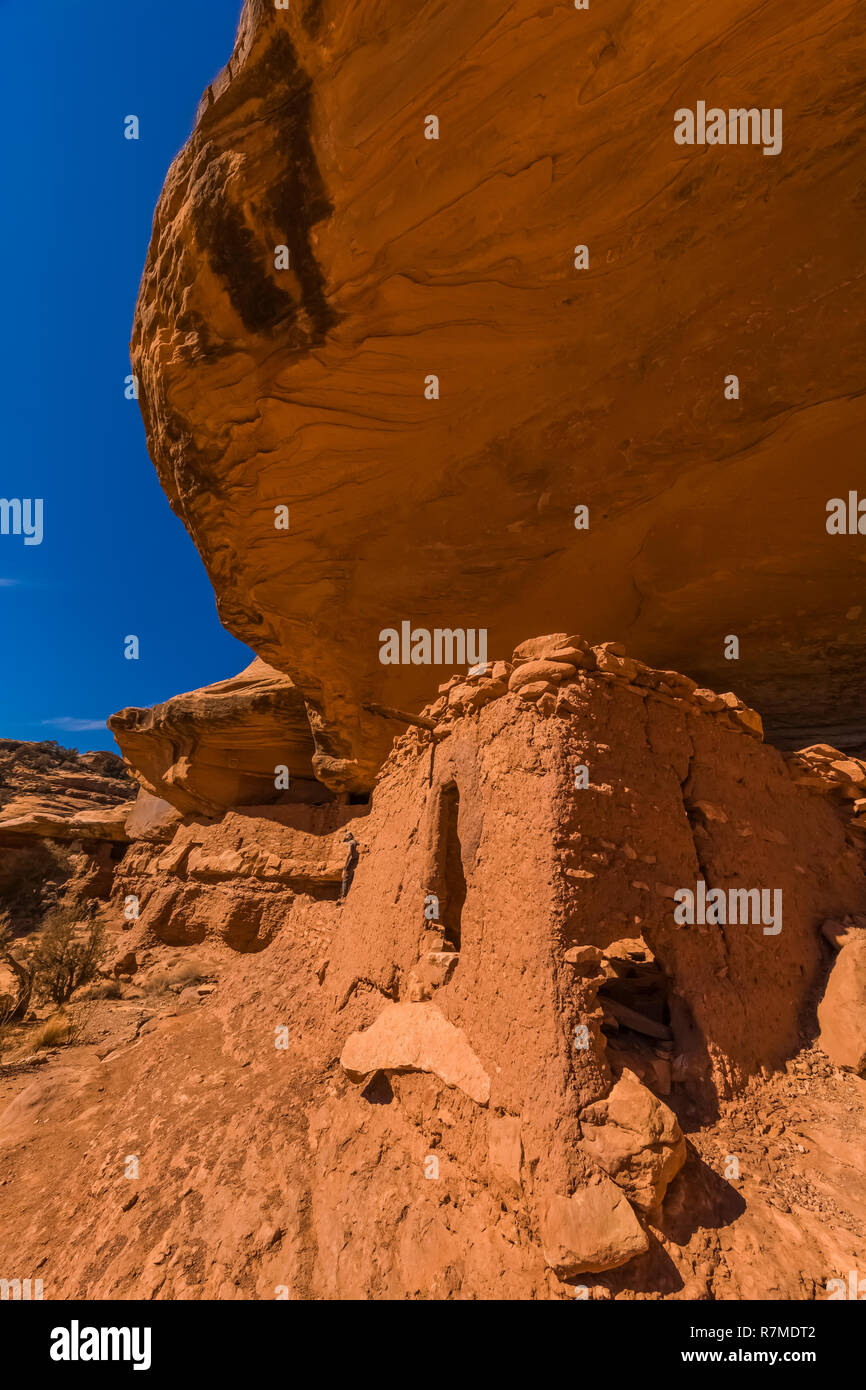 Piccola costruzione fatta di fango e pietre di luna Casa rovina sul cedro Mesa, creata dall'Puebloans ancestrale e una volta parte di orsi orecchie Monumen nazionale Foto Stock