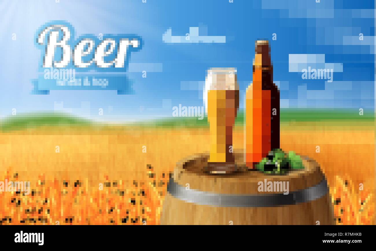 Birra modello Poster per la classica birra bianca ad package design. Vettore coppa di vetro con la birra in barile di legno 3d illustrazione Illustrazione Vettoriale