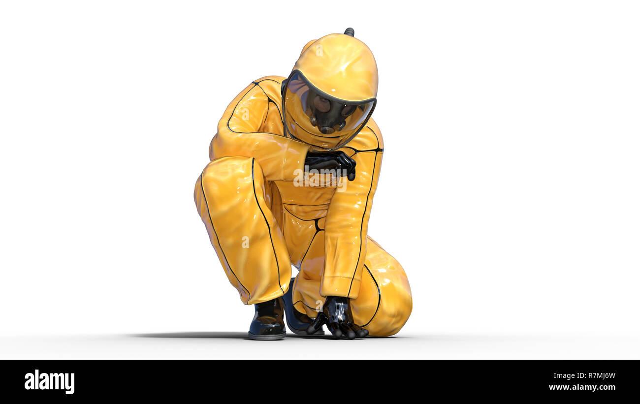 Uomo di protezione da indossare tuta hazmat accovacciato, umana con maschera a gas vestito in costume di rischio biologico per la chimica e la protezione tossici, rendering 3D Foto Stock