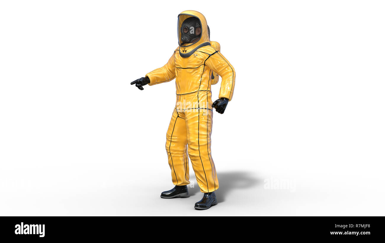 Uomo in biohazard abbigliamento protettivo rivolto, umana con maschera a gas vestito in hazmat tuta per sostanze tossiche e prodotti chimici protezione, rendering 3D Foto Stock
