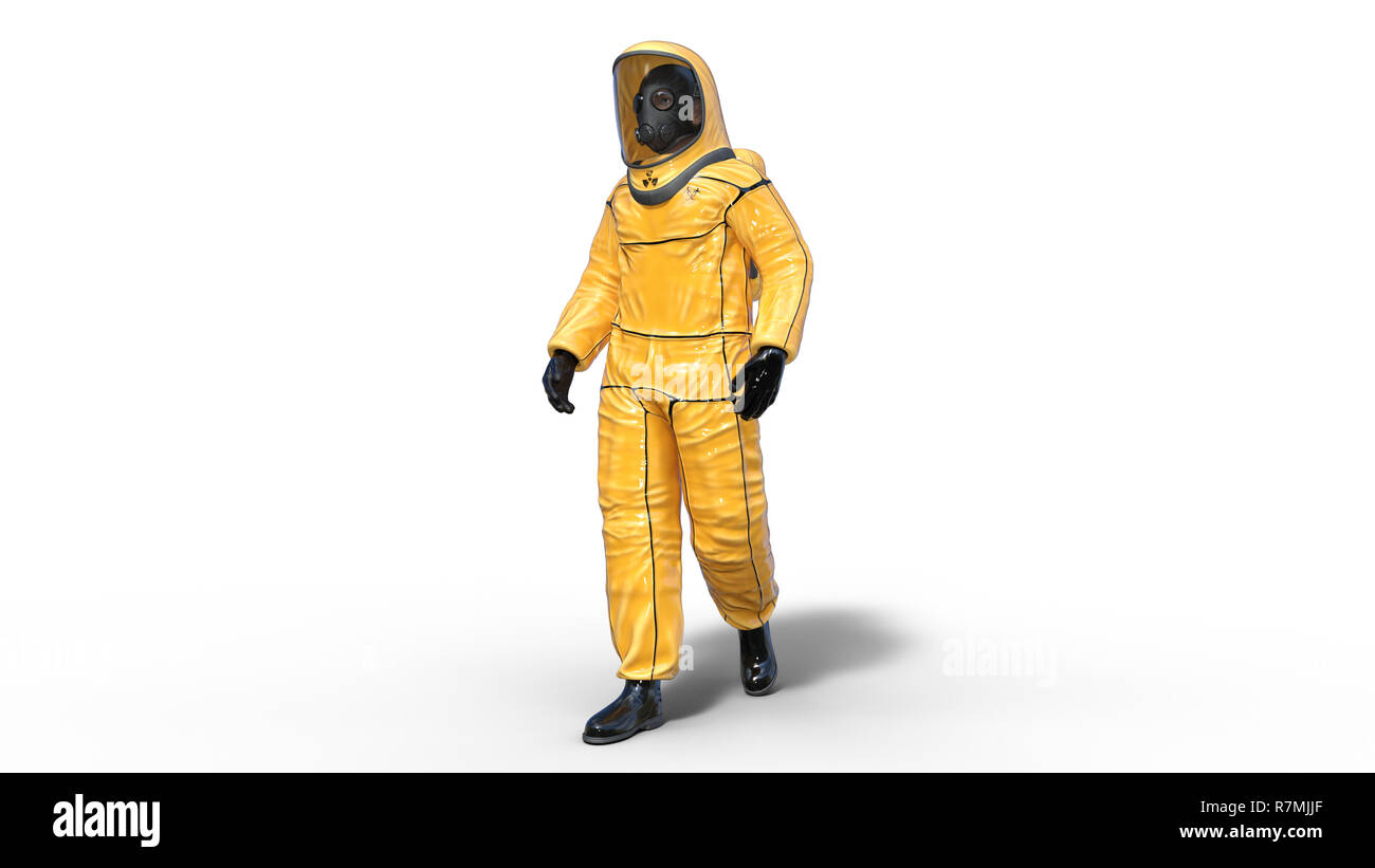 Uomo che indossa protettivo giallo hazmat suit, umani con maschera a gas vestito in costume di rischio biologico per la chimica e la protezione tossici, rendering 3D Foto Stock