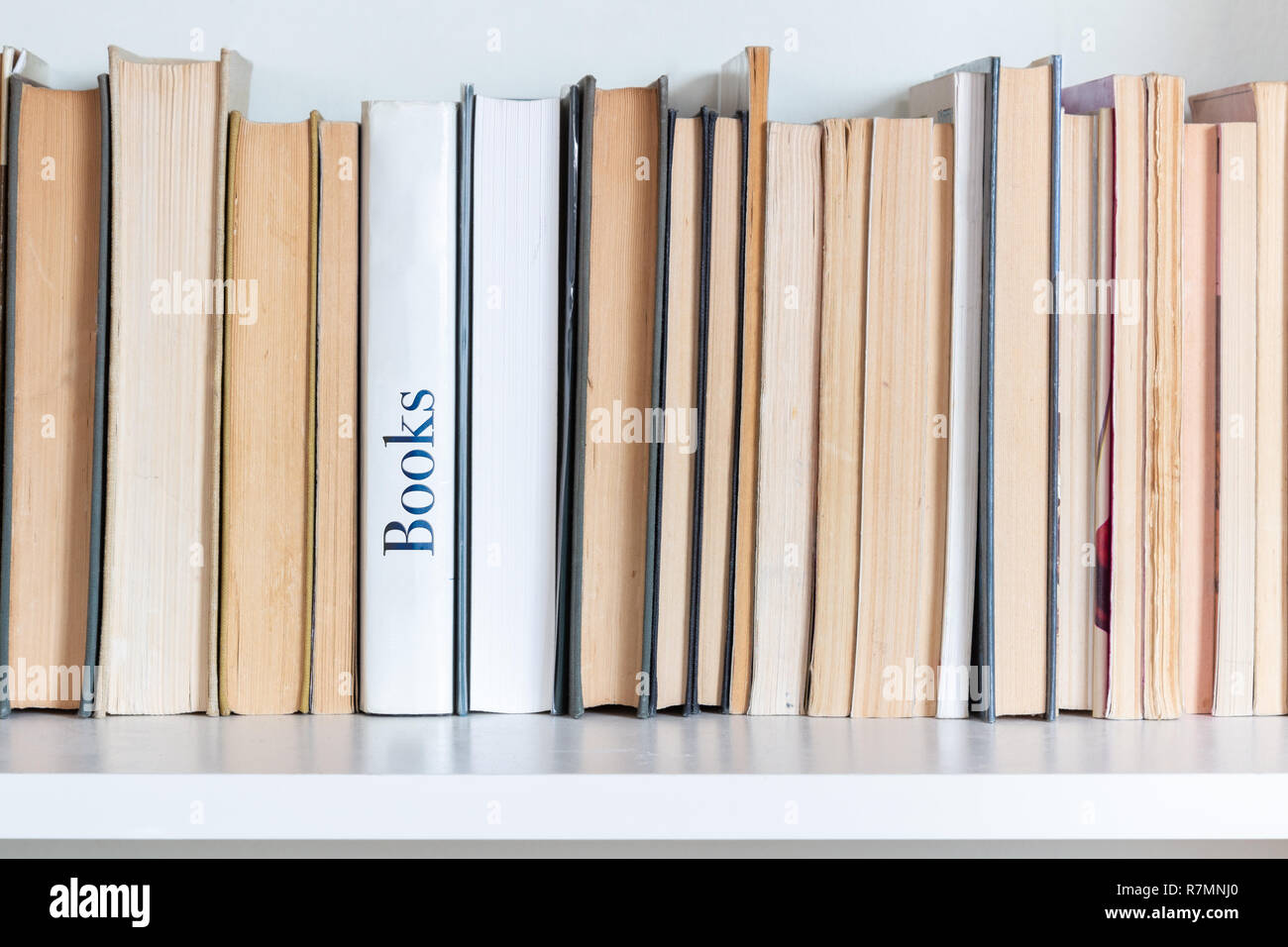 Libri in fila sul ripiano bianco. Uno di loro ha la parola libri scritti sul suo dorso. Foto Stock