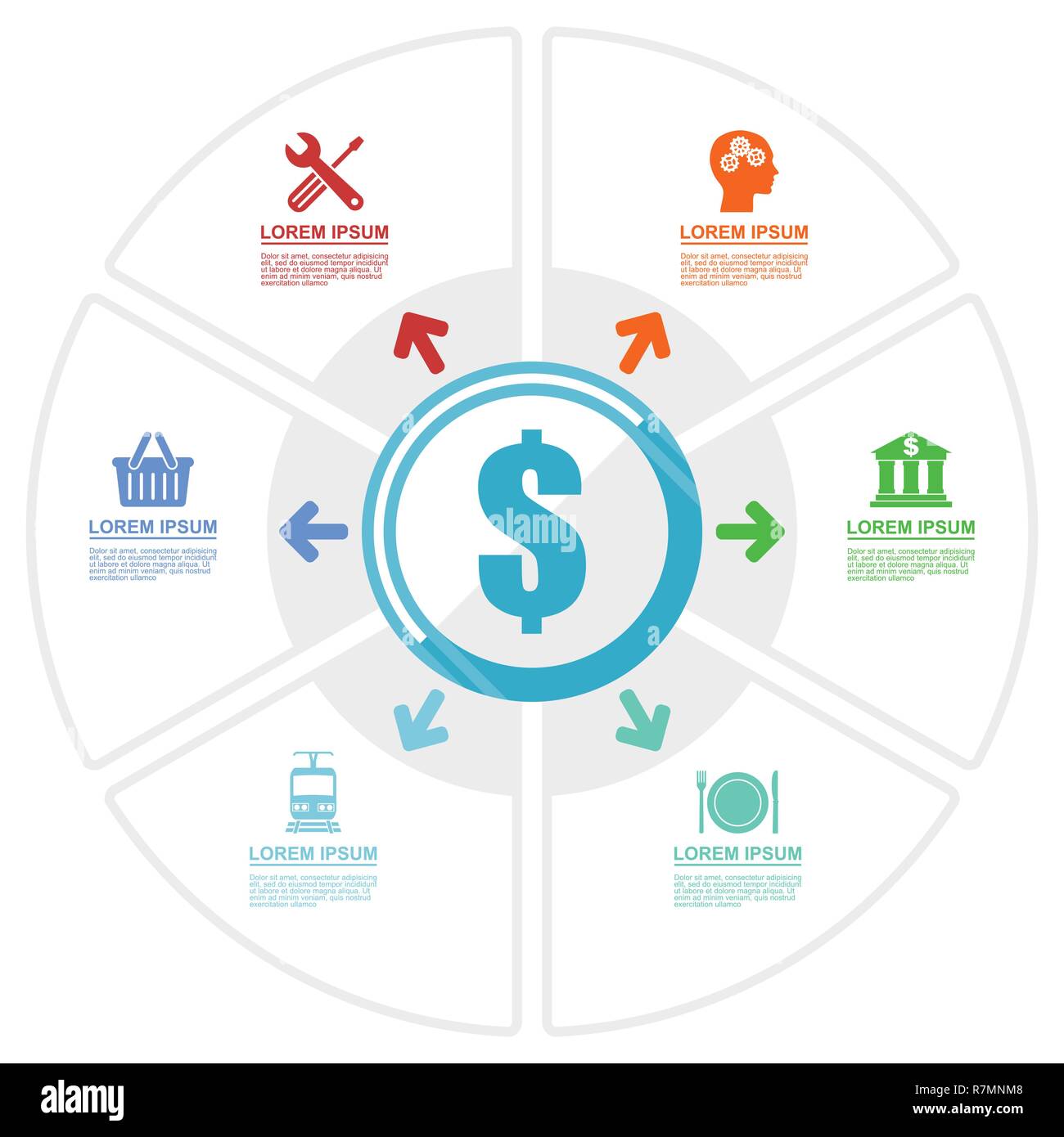 Una infografica template vettoriale per la presentazione, il grafico, diagramma grafico, Education, Aziende di trasporto, tecnologia, concetto di ristorazione con 6 opzioni. Illustrazione Vettoriale