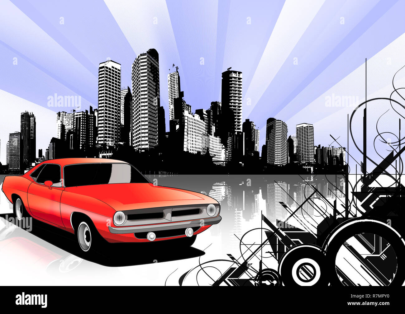 Vecchia macchina da corsa con grunge sullo sfondo della città Foto Stock Vecchia macchina da corsa con grunge sullo sfondo della città Foto Stock