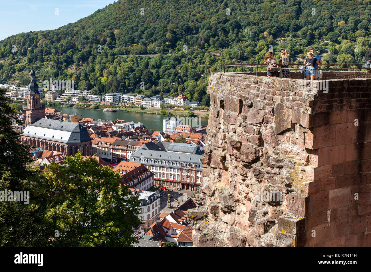 Vista dal castello di Heidelberg, la città vecchia di Heidelberg, fiume Neckar, Germania Foto Stock