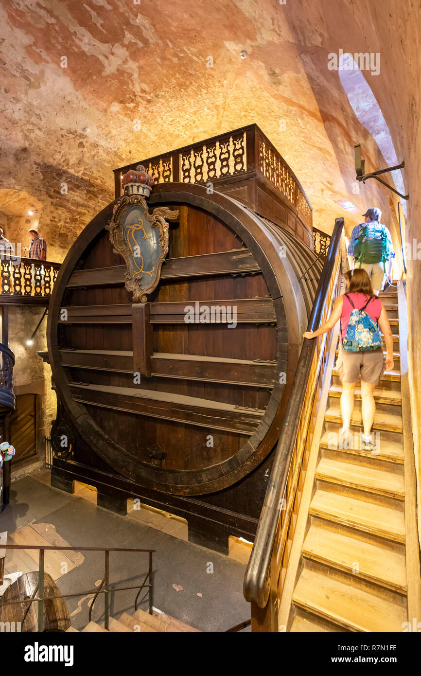 Il castello di Heidelberg, Heidelberg, presumibilmente più grande botte di vino nel mondo, Foto Stock