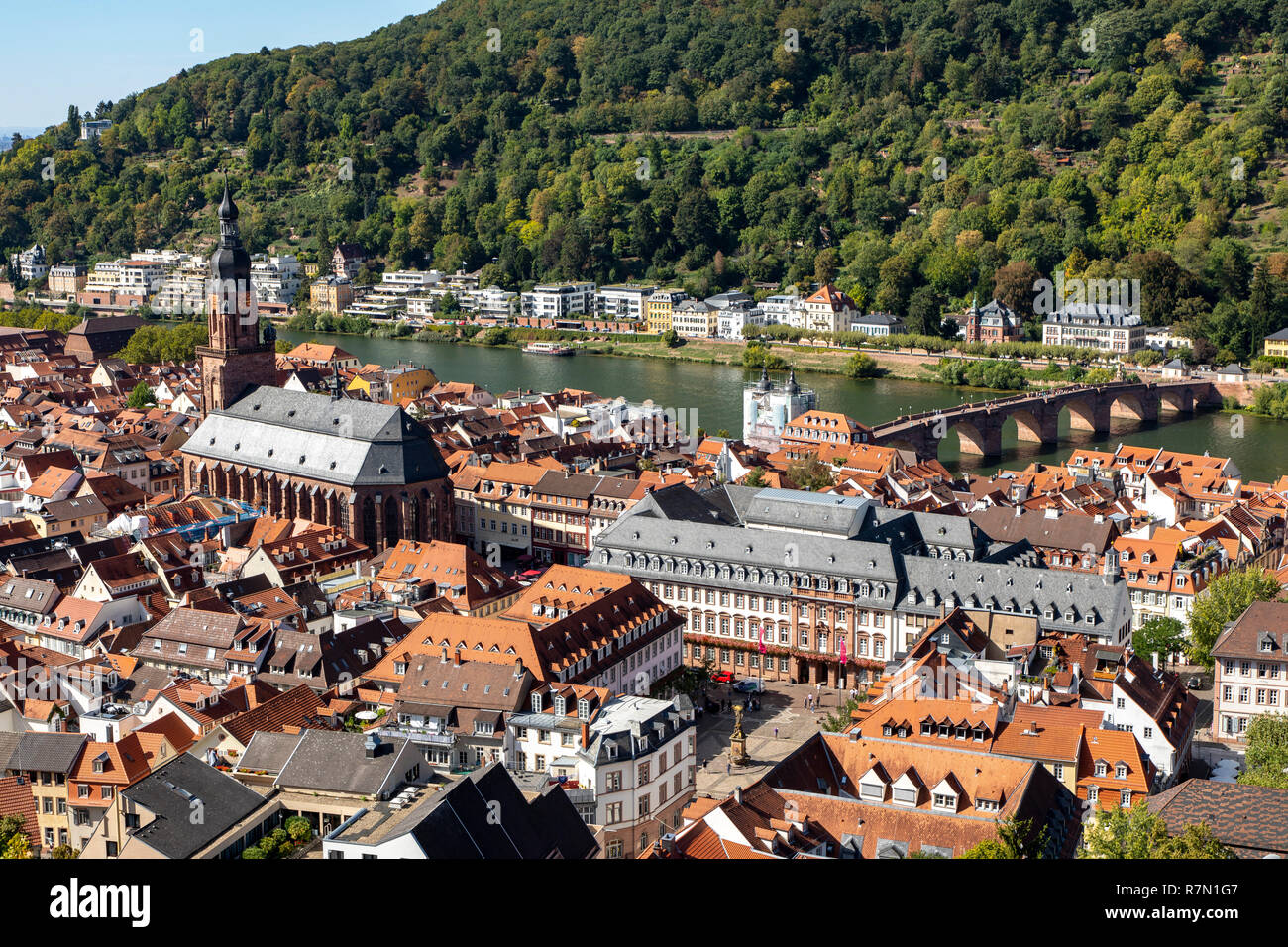 Vista sulla città vecchia di Heidelberg, Neckar, Heiliggeistkirche, vecchio ponte Neckar, Foto Stock