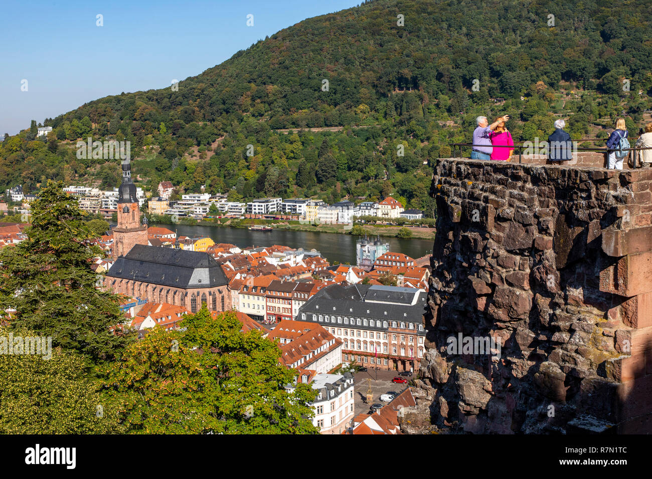 Vista dal castello di Heidelberg, la città vecchia di Heidelberg, fiume Neckar, Germania Foto Stock