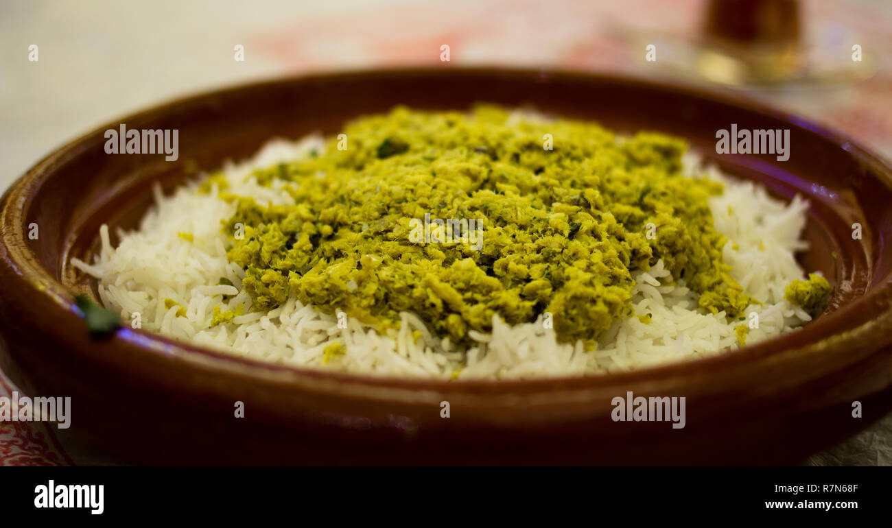 Qsheed tradizionale cibo Emirati shark piatto di carne in Dubai Emirati Arabi Uniti. Foto Stock