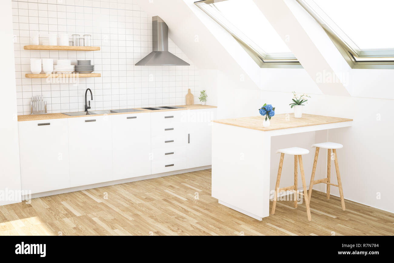 Minimo di cucina moderna in soffitta il rendering 3D Foto Stock