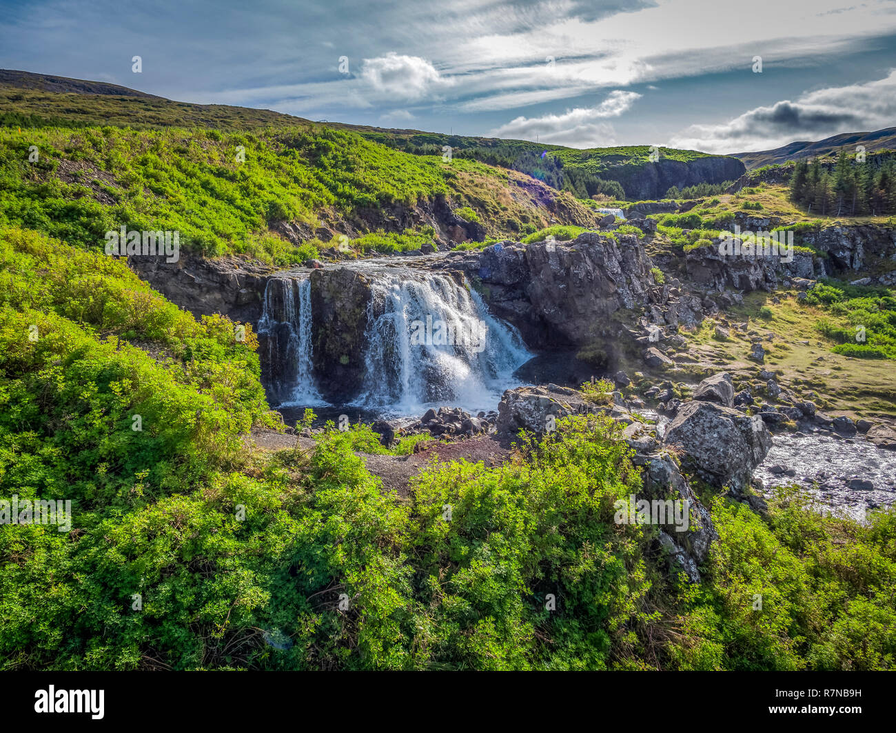 Cascate di Fossa, Hvalfjordur, Islanda. Questa immagine viene girato utilizzando un drone. Foto Stock