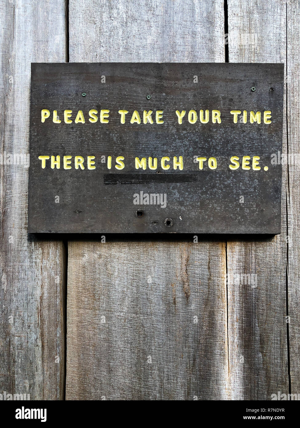 Segno legge si prega di prendere il vostro tempo vi è molto da vedere a gli alberi del mistero area in California Redwoods. Foto Stock