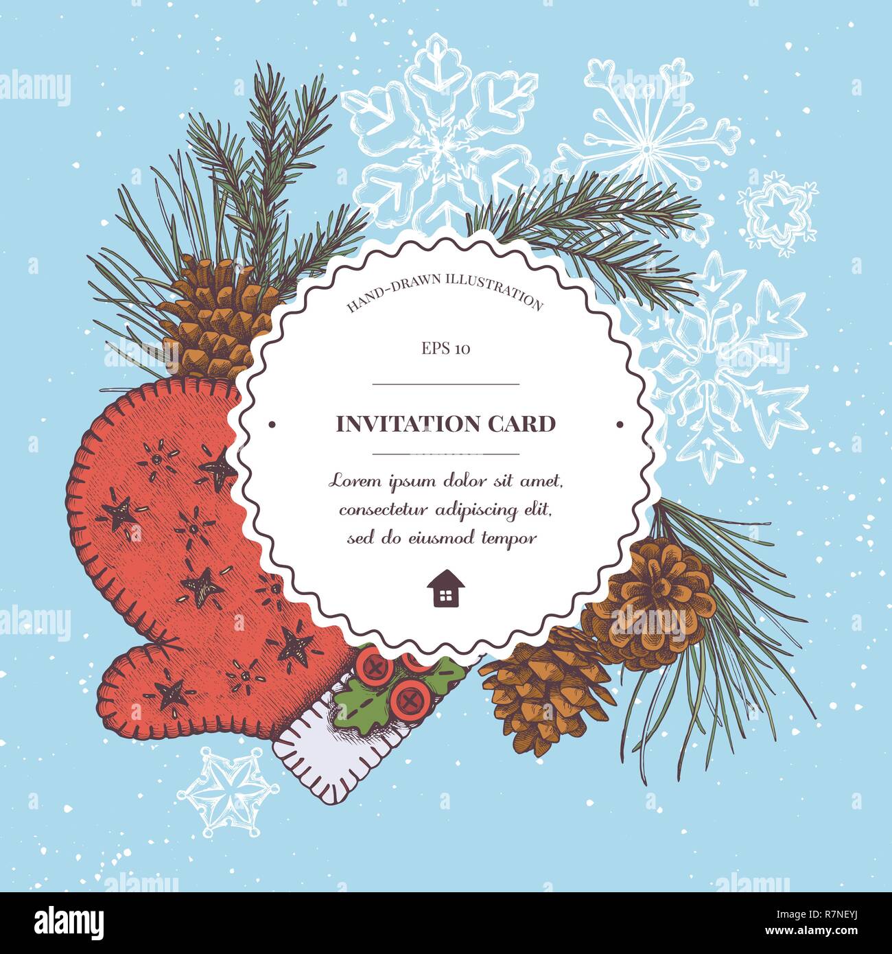 Composizione di vettore con colorato mitten, coni, i fiocchi di neve, ramo di pino, abete rosso Illustrazione Vettoriale