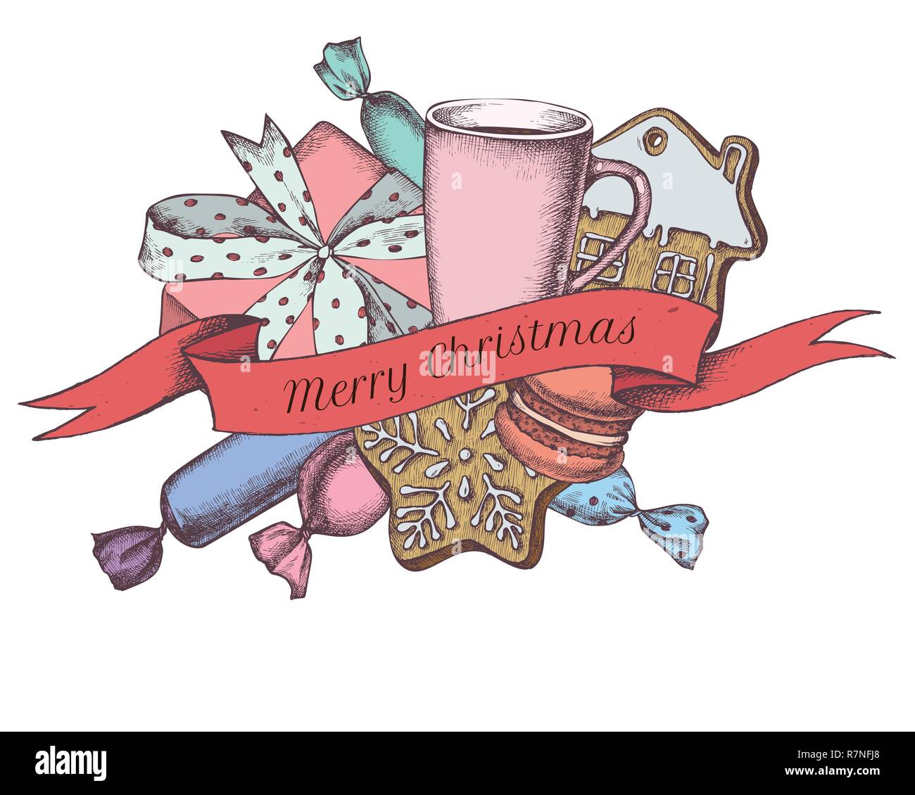 Composizione di vettore con colorato panpepato, macaron, caramelle, tazza da tè, cavallo giocattolo Illustrazione Vettoriale