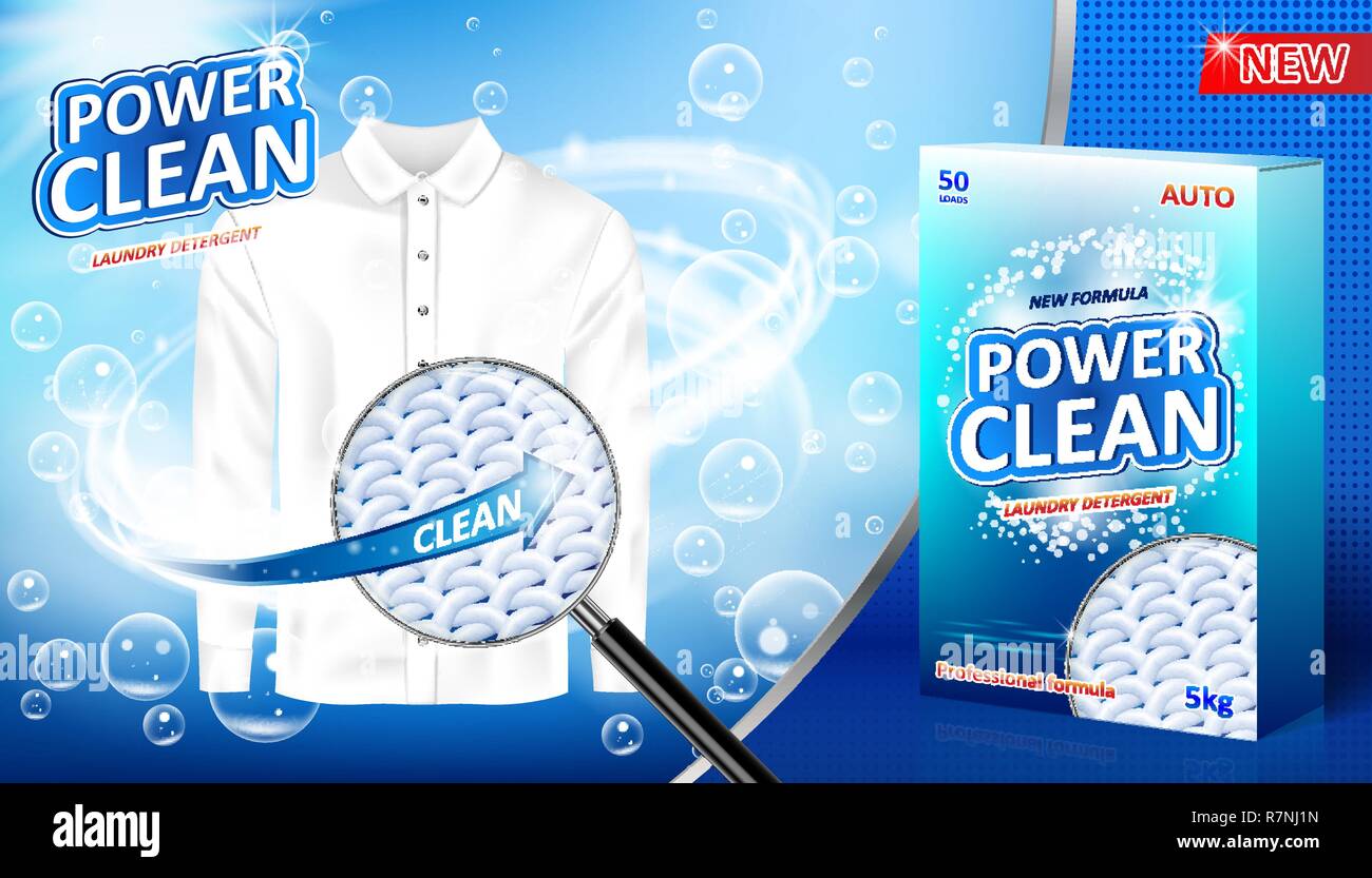 Detersivo ad. Smacchiatore di disegno di pacchetto per la pubblicità con bolle di sapone, closeup guardare la struttura della fibra. Striscione detergente lavaggio con Illustrazione Vettoriale