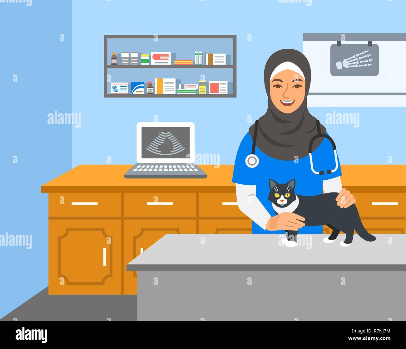Medico Veterinario donna araba detiene il gatto sul tavolo di esame in clinica veterinaria. Vettore illustrazione del fumetto. Animali domestici health care sfondo. Animale domestico Illustrazione Vettoriale