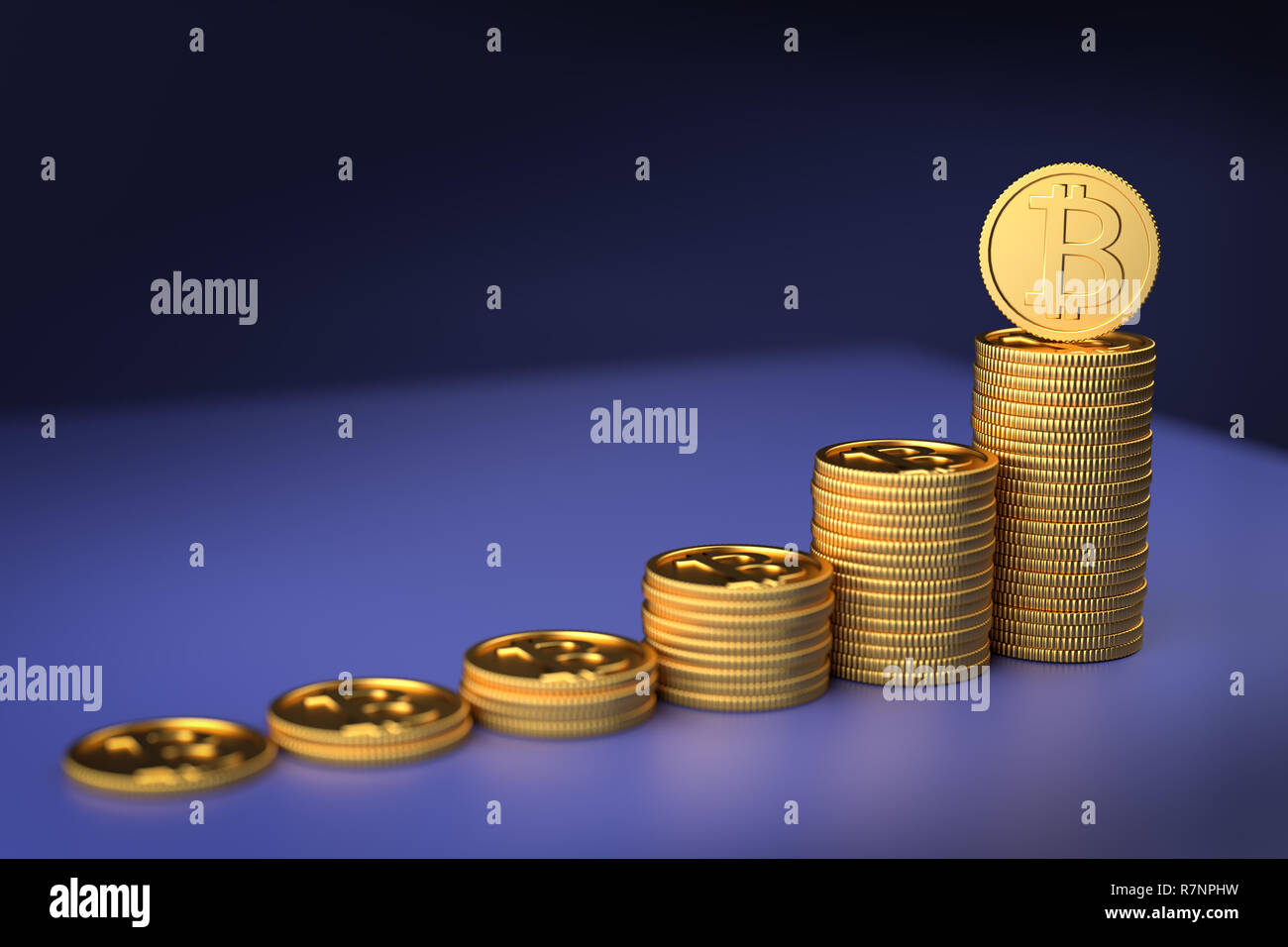3D Render di mucchi di monete bitcoin che mostra l'aumento della moneta crypto Foto Stock