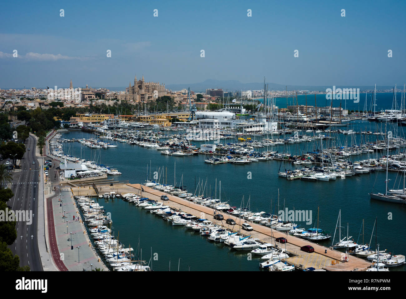 I porti turistici vicino al Paseo Maritimo a Palma di Maiorca, isole Baleari, Spagna. La cattedrale della città può essere visto nel diatance. Foto Stock