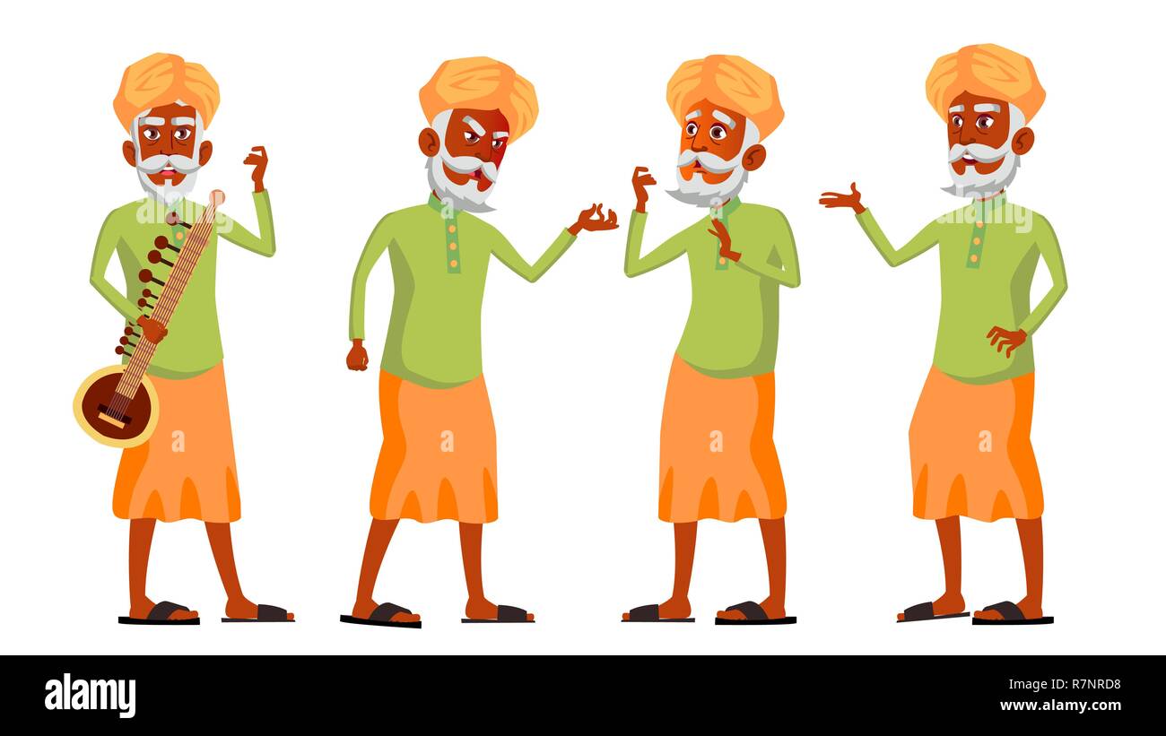 Indian vecchio uomo pone una serie vettore. Hindu. Asian. Le persone anziane. Senior Persona. Età. Stile di vita. Cartolina, coprire, cartellone Design. Isolato illustrazione Cartoon Illustrazione Vettoriale