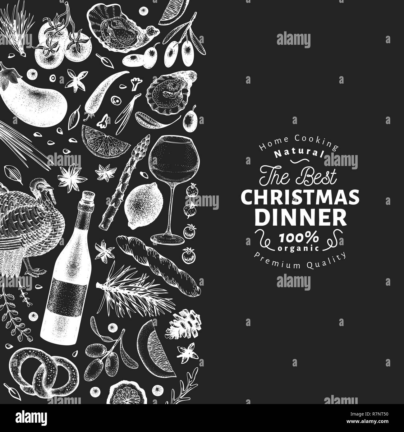 Felice Natale cena modello di progettazione. Vettore disegnati a mano illustrazioni su chalk board. Il messaggio di saluto della scheda di Natale in stile retrò. Telaio con il raccolto, verdure, pasticceria, panetteria, carne Illustrazione Vettoriale