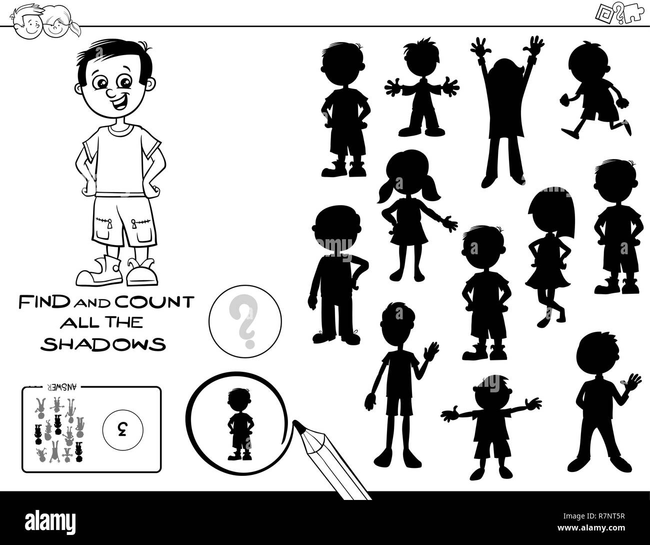 Bianco e Nero Cartoon illustrazione del reperimento e contando le ombre compito educativo per bambini Libro da colorare Illustrazione Vettoriale