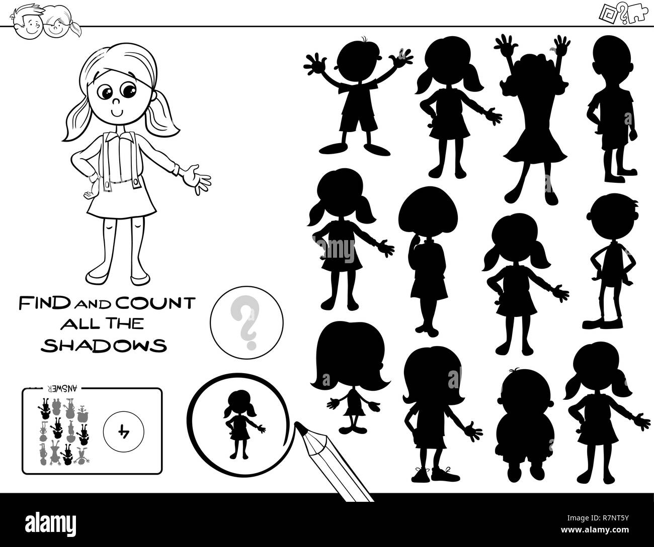 Bianco e Nero Cartoon illustrazione del reperimento e contando le ombre gioco educativo per bambini Libro da colorare Illustrazione Vettoriale