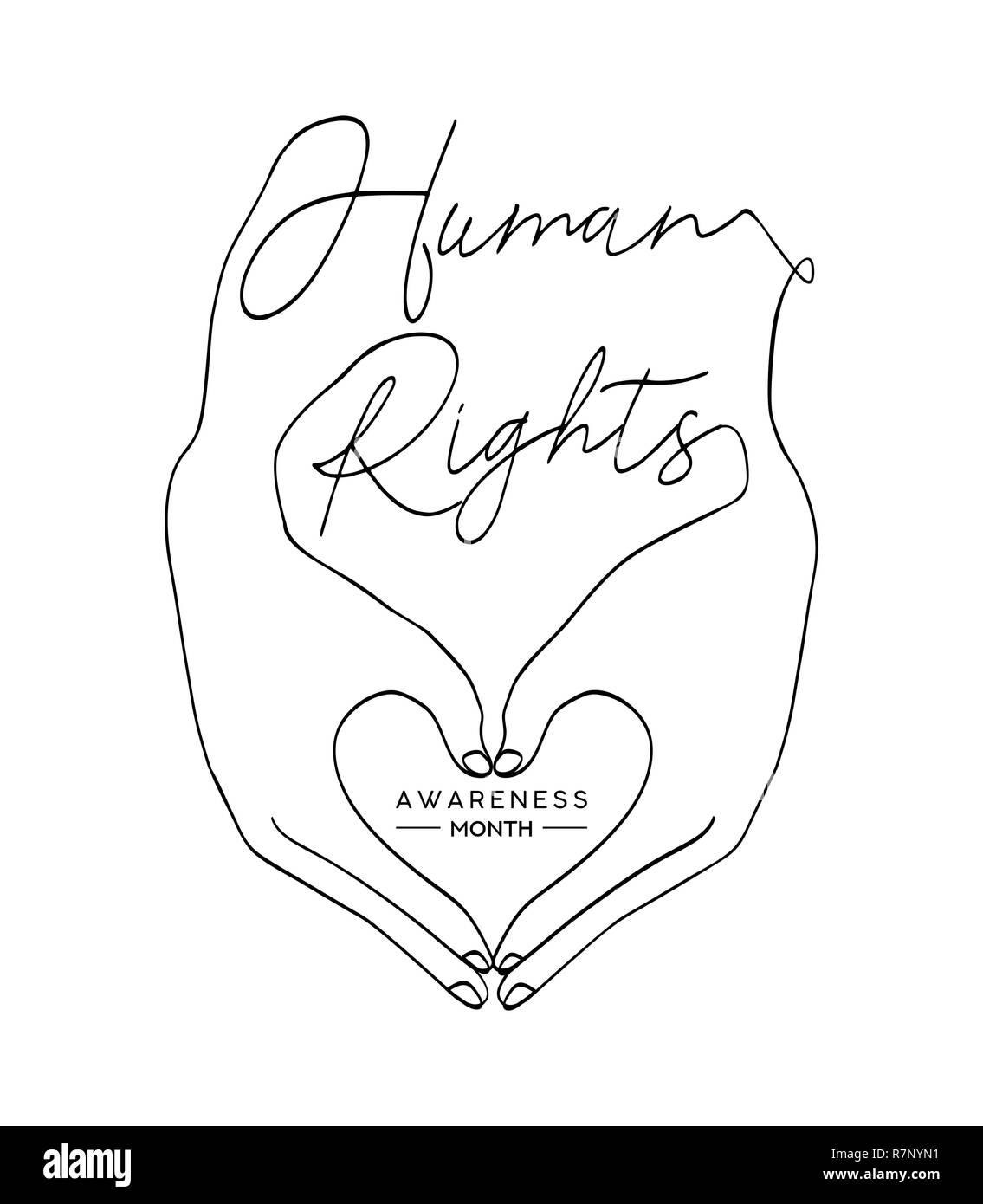 Internazionale dei Diritti Umani giornata di sensibilizzazione illustrazione per la parità globale e anti schiavitù moderna con le mani a forma di cuore. Amore e Libertà concetto Illustrazione Vettoriale
