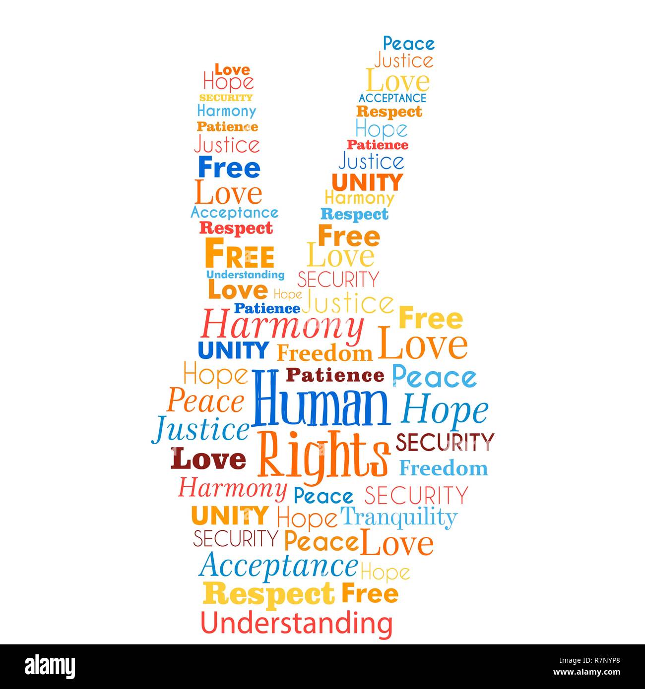 Internazionale dei Diritti Umani la consapevolezza illustrazione concept parole in mano la forma globale per la parità. L umanità di amore e di pace idea. Illustrazione Vettoriale