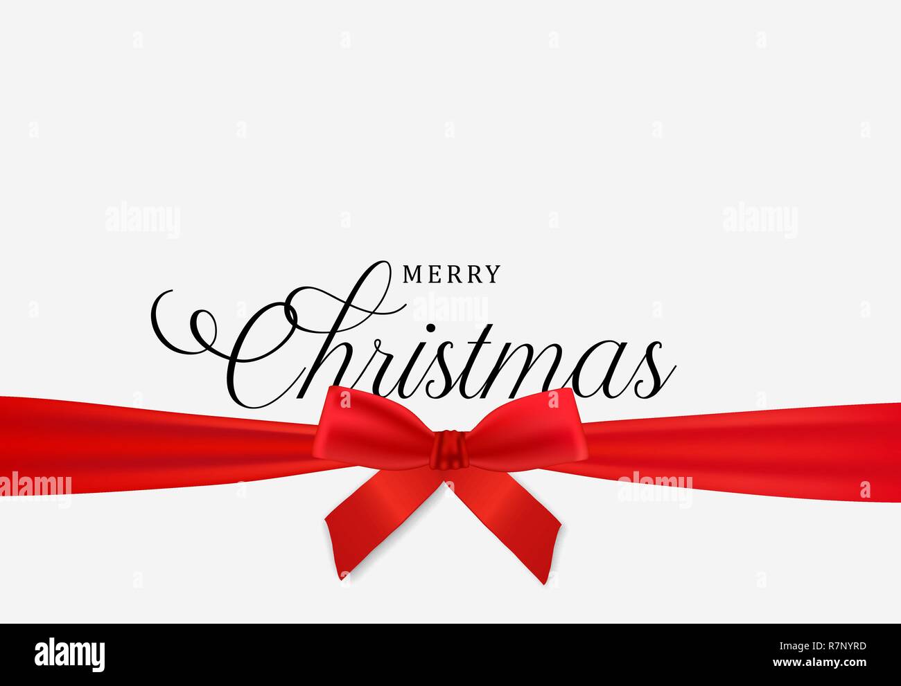 Merry Christmas card, realistici nastro rosso su sfondo bianco. Vacanze inverno design per invito alla festa o stagioni saluto. Illustrazione Vettoriale