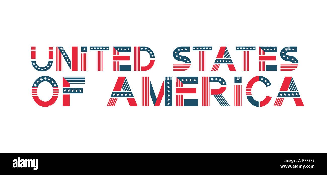 Testo Vettoriale Stati Uniti d'America. Stati Uniti d'America banner a colori di bandiera a stelle e strisce. Illustrazione Vettoriale