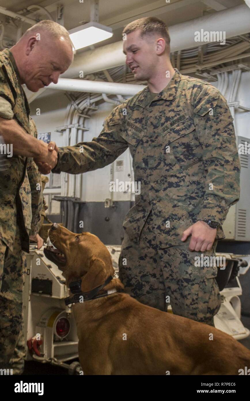 Mare delle Filippine (21 marzo 2017) Lt. Gen. Lawrence Nicholson, comandante generale della III Marine forza expeditionary, saluta lancia Cpl. Alex Marquissee, da Appleton, Wisconsin, un militare di cane da lavoro (MWD) gestore assegnato al trentunesimo Meu, e il suo MWD Gage, durante una visita a bordo Amphibious Assault nave USS Bonhomme Richard (LHD 6). Durante la sua visita, Nicholson ha visitato diversi workcenters, si è incontrato con il Bonhomme Richard marinai e marines della trentunesima Marine Expeditionary Unit (MEU) e sedette per una cena con il comando di leadership. La USS Bonhomme Richard, ammiraglia del Bonhomme Richard Expeditionary Strike Gr Foto Stock