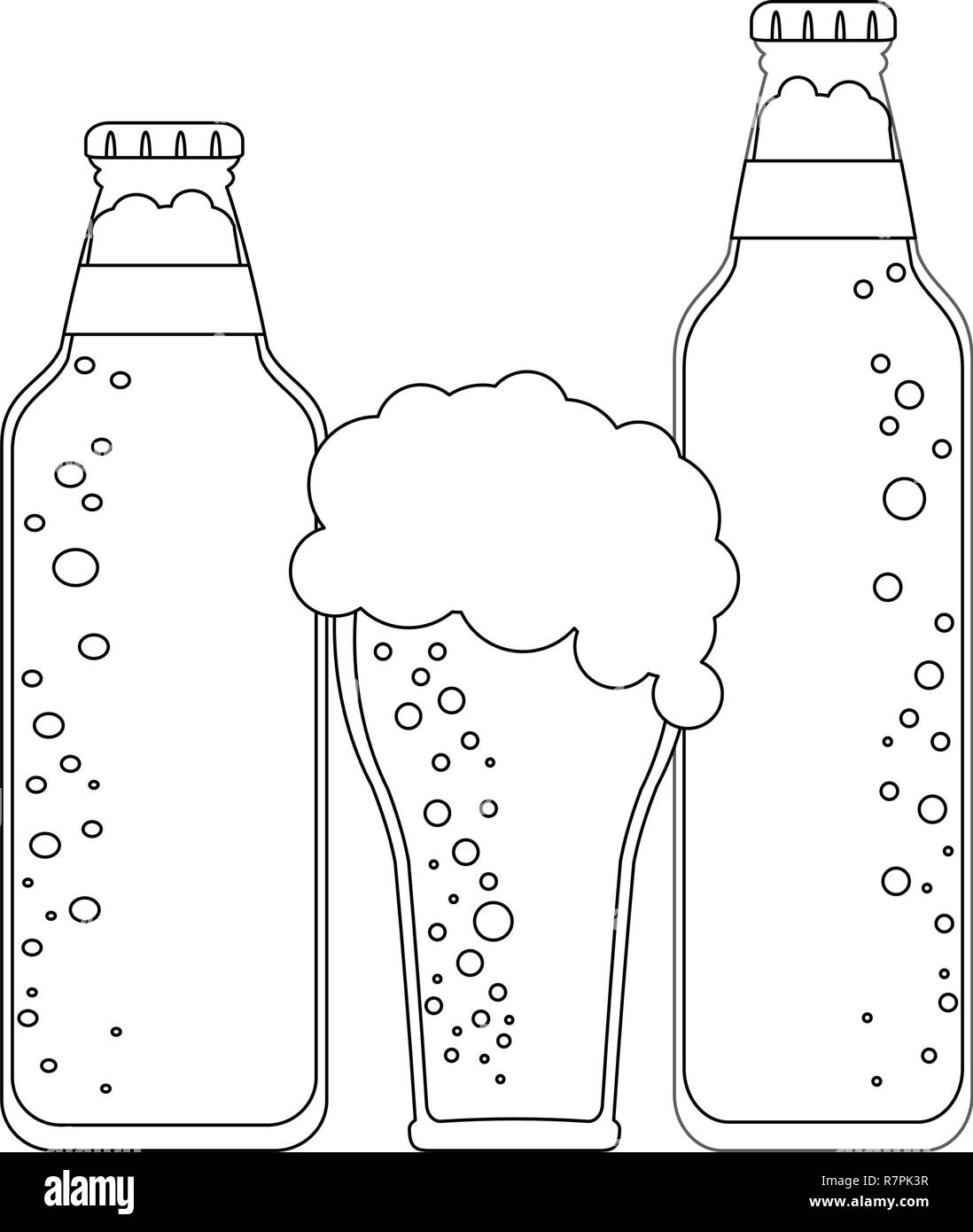 Bottiglie di birra e tazza in bianco e nero Illustrazione Vettoriale