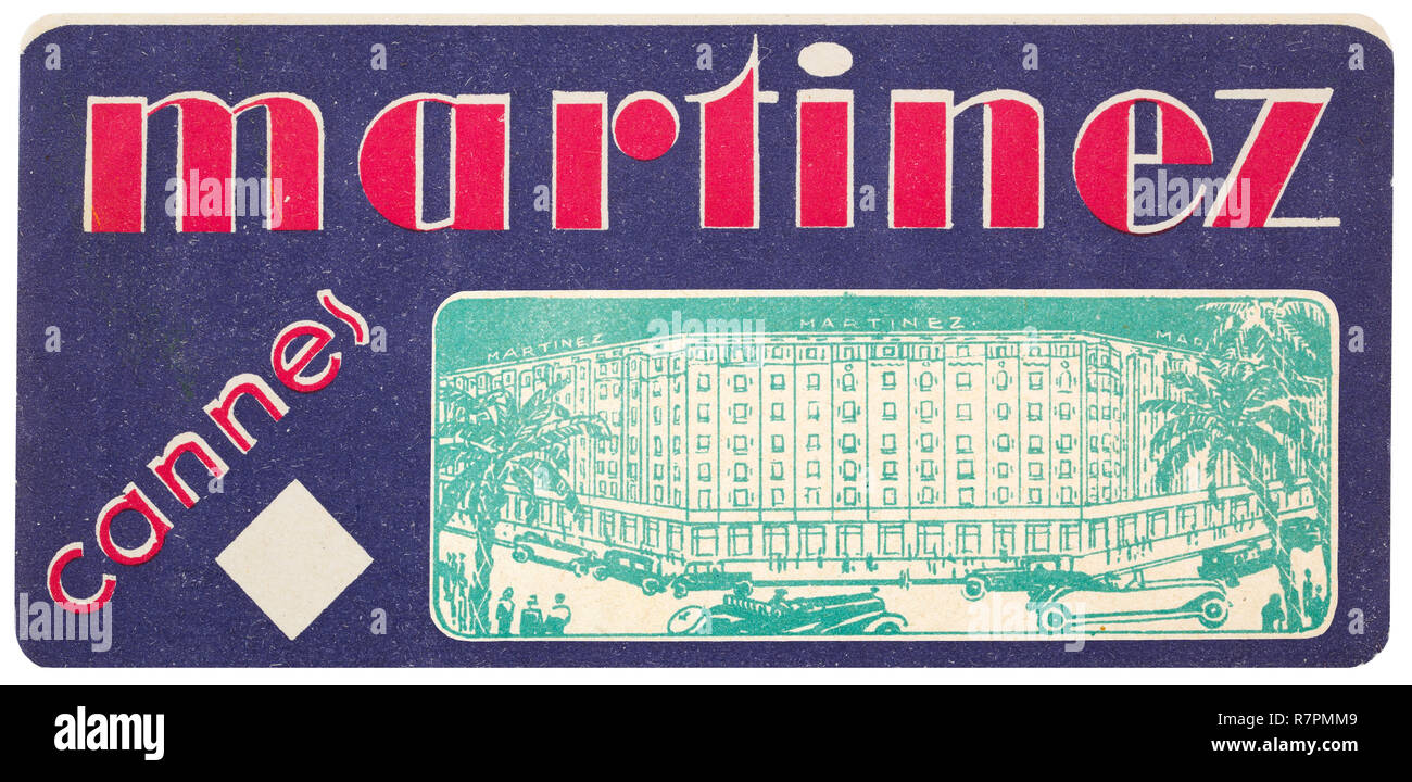 Un Novecento storico etichetta bagaglio per l'Hotel Martinez a Cannes, Francia Foto Stock