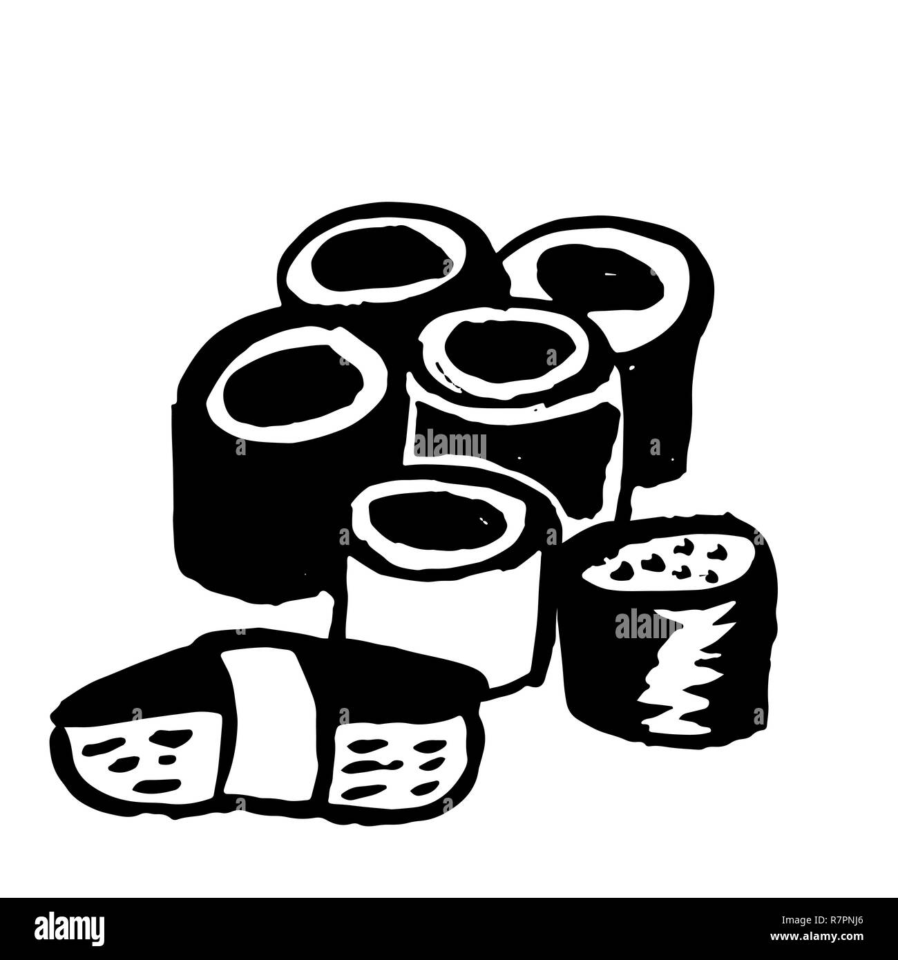 Disegnata a mano grunge spazzola di inchiostro susi set. Cucina giapponese moderno vettore illustrazione. Illustrazione Vettoriale