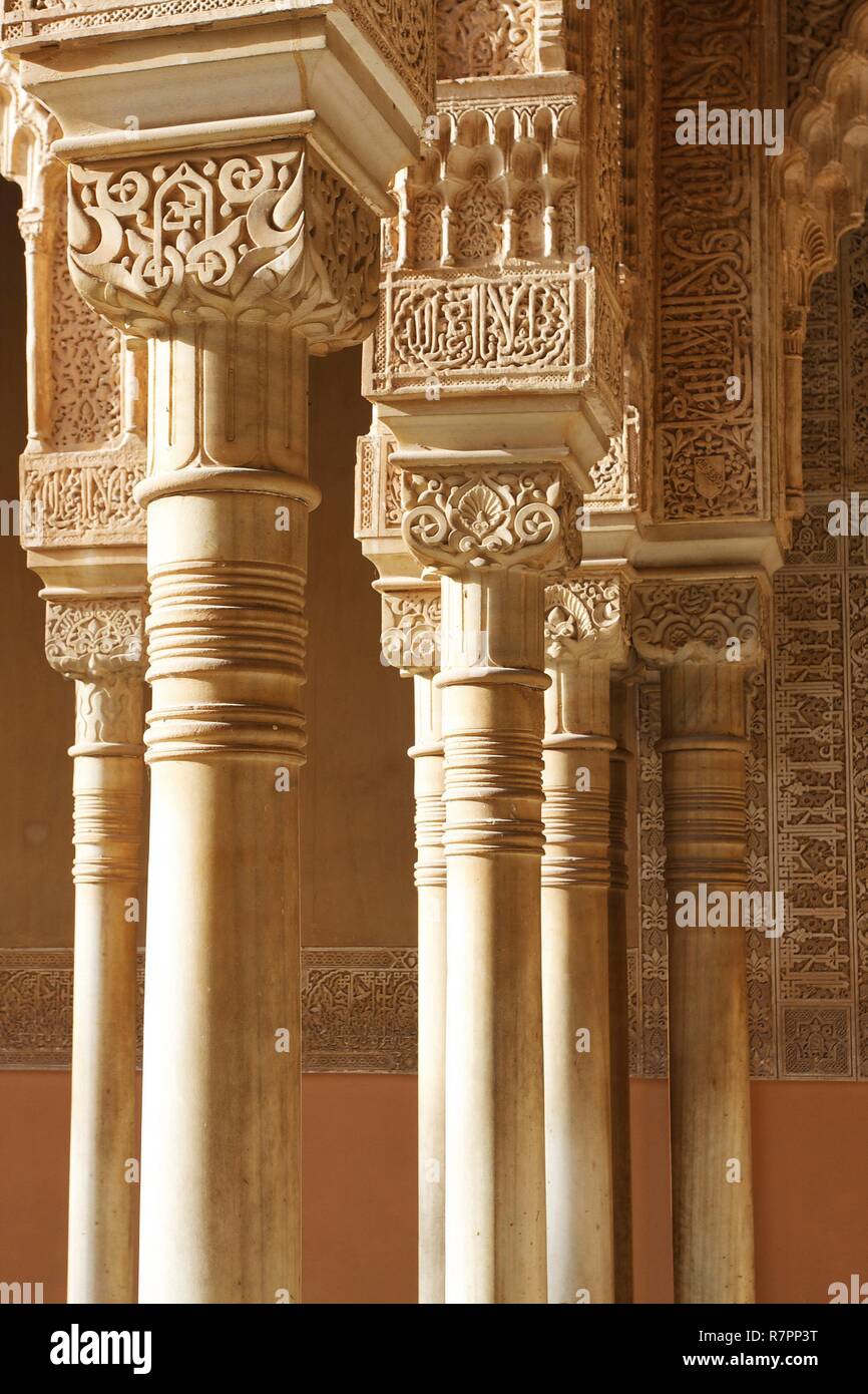 Spagna, Andalusia, Granada, dettaglio di una colonna di stucco nell'Alhambra Palace Foto Stock