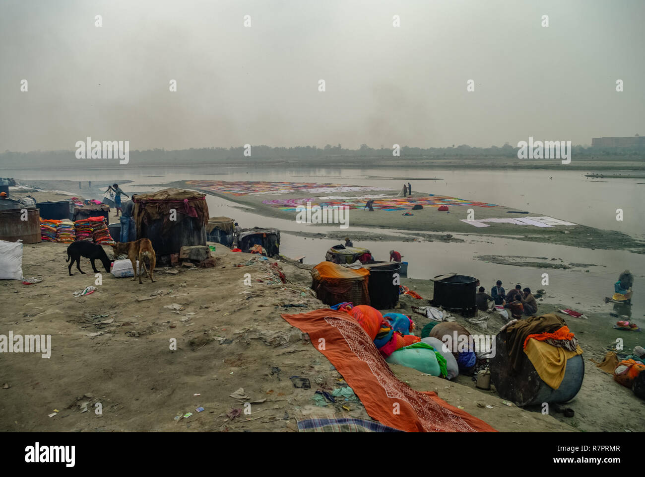 Agra, India - 8 Gennaio 2012: persone lavare e asciugare il tessuto sui banchi di sabbia di fiume Yamuna, Agra, India. Foto Stock