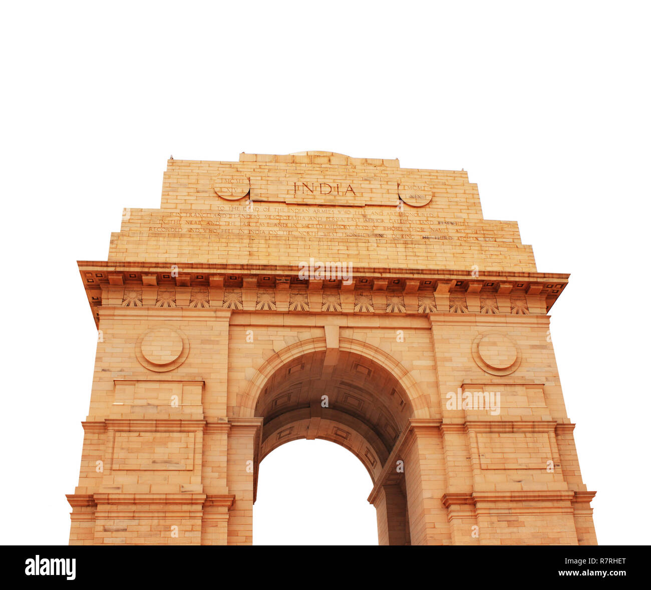 India Gate memorial a Nuova Delhi, India. Isolato su sfondo bianco Foto Stock