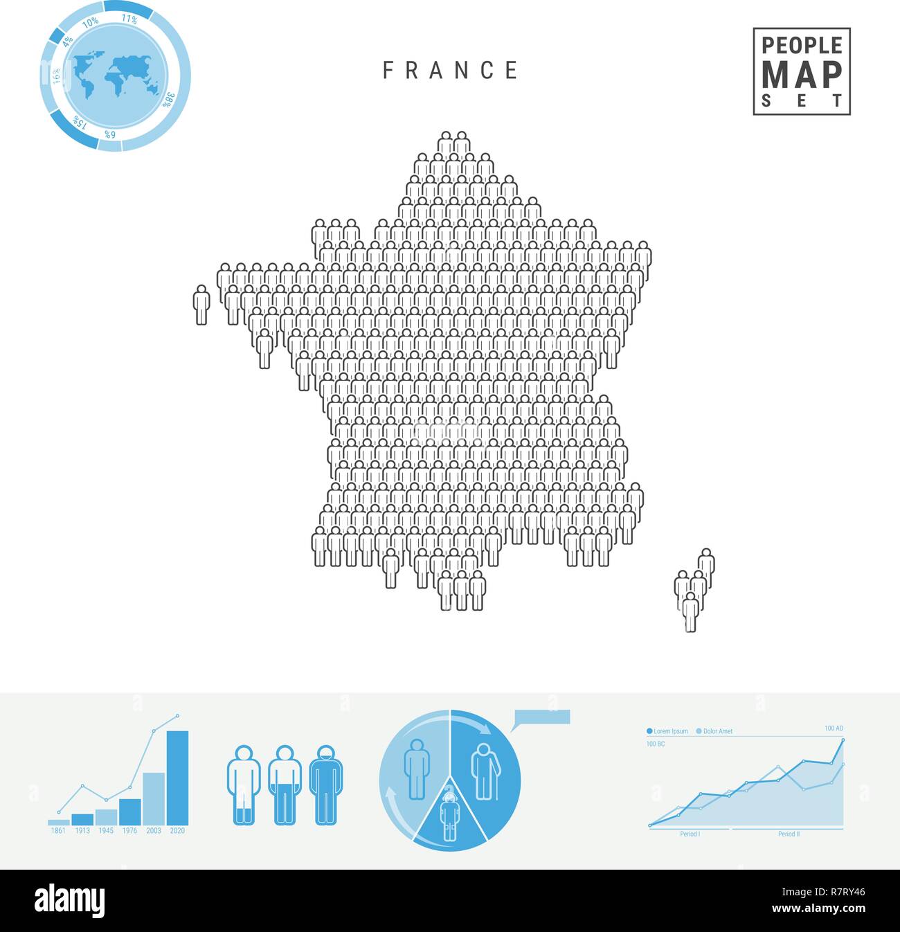 Francia Persone Mappa Icona. Vettore stilizzati Silhouette di Francia. Tasso di crescita e di invecchiamento della popolazione Infographics Illustrazione Vettoriale