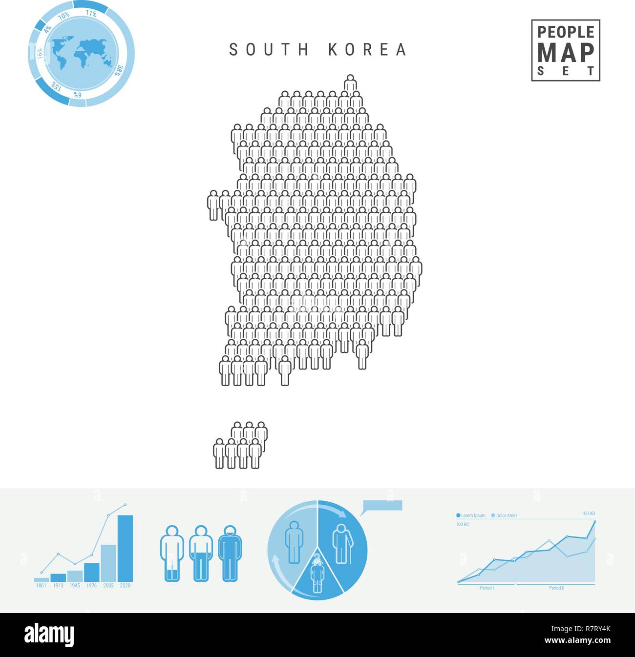 Corea del Sud Persone Mappa Icona. Vettore stilizzati Silhouette della Corea del Sud. Tasso di crescita e di invecchiamento della popolazione Infographics Illustrazione Vettoriale