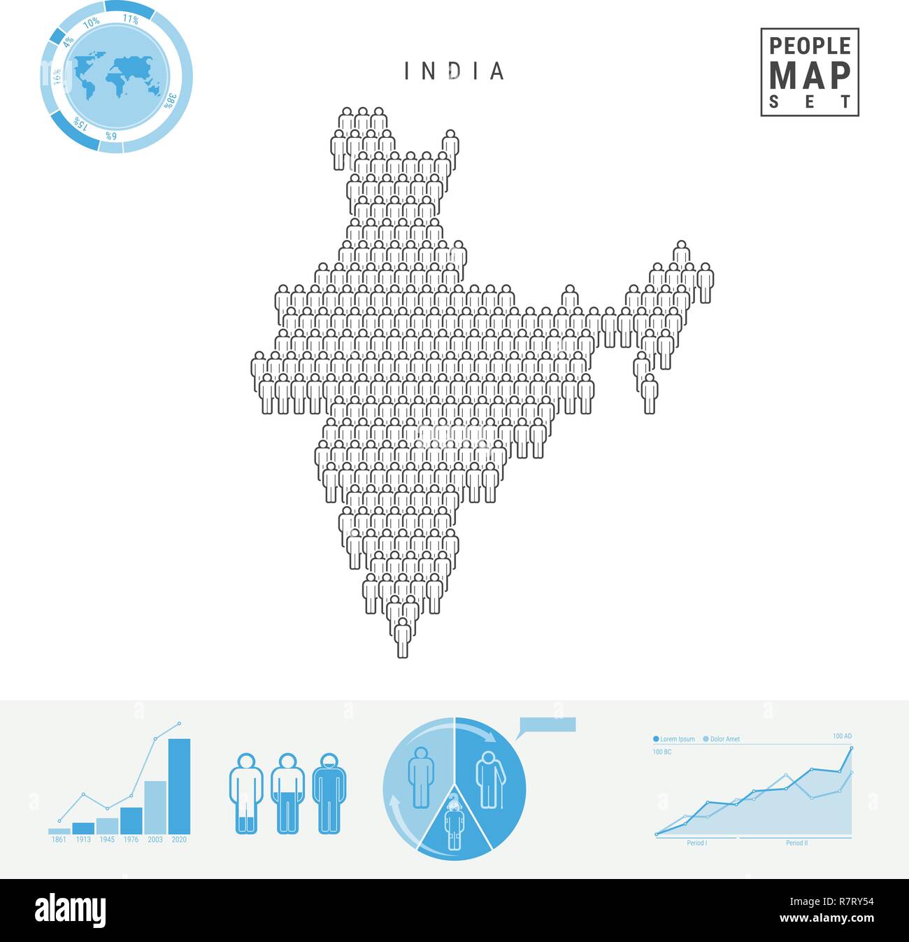 India icona Persone Mappa. Vettore stilizzati Silhouette dell India. Tasso di crescita e di invecchiamento della popolazione Infographics Illustrazione Vettoriale