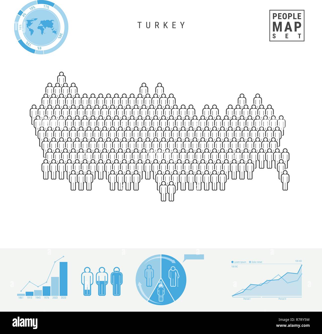 La Turchia icona Persone Mappa. Vettore stilizzati Silhouette della Turchia. Tasso di crescita e di invecchiamento della popolazione Infographics Illustrazione Vettoriale