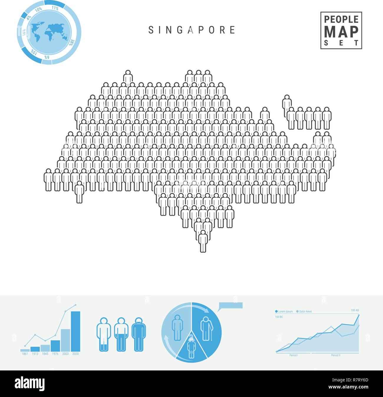 Singapore icona Persone Mappa. Vettore stilizzati Silhouette di Singapore. Tasso di crescita e di invecchiamento della popolazione Infographics Illustrazione Vettoriale