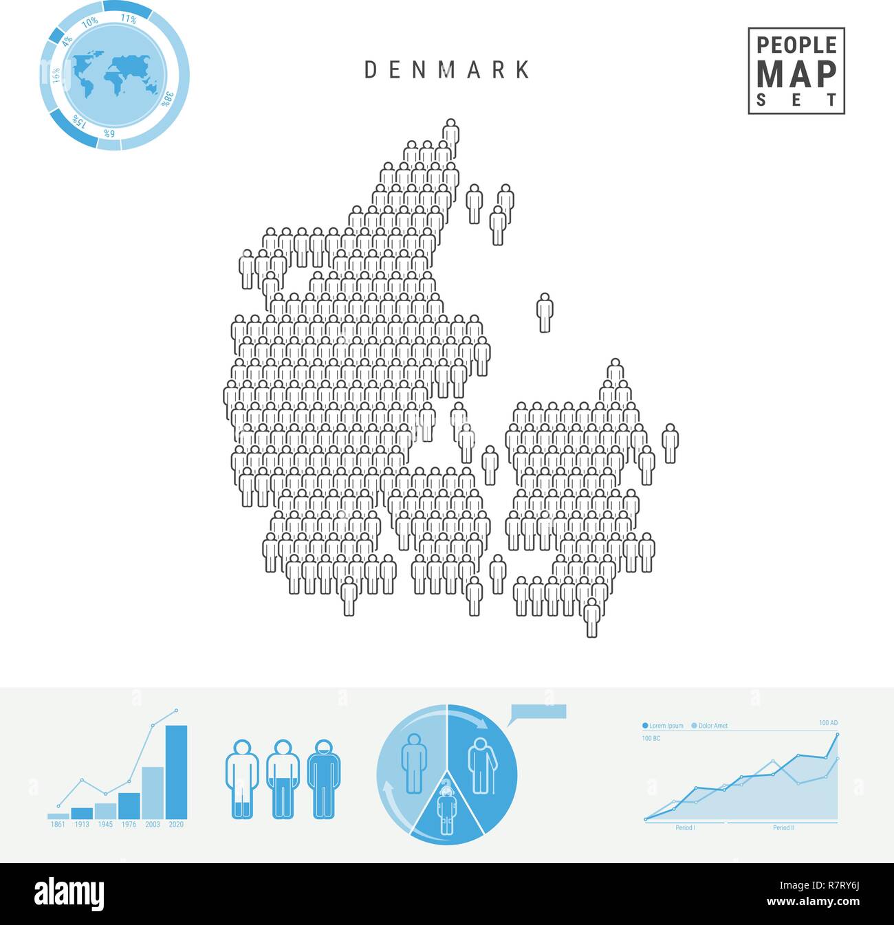 La Danimarca icona Persone Mappa. Vettore stilizzati Silhouette della Danimarca. Tasso di crescita e di invecchiamento della popolazione Infographics Illustrazione Vettoriale