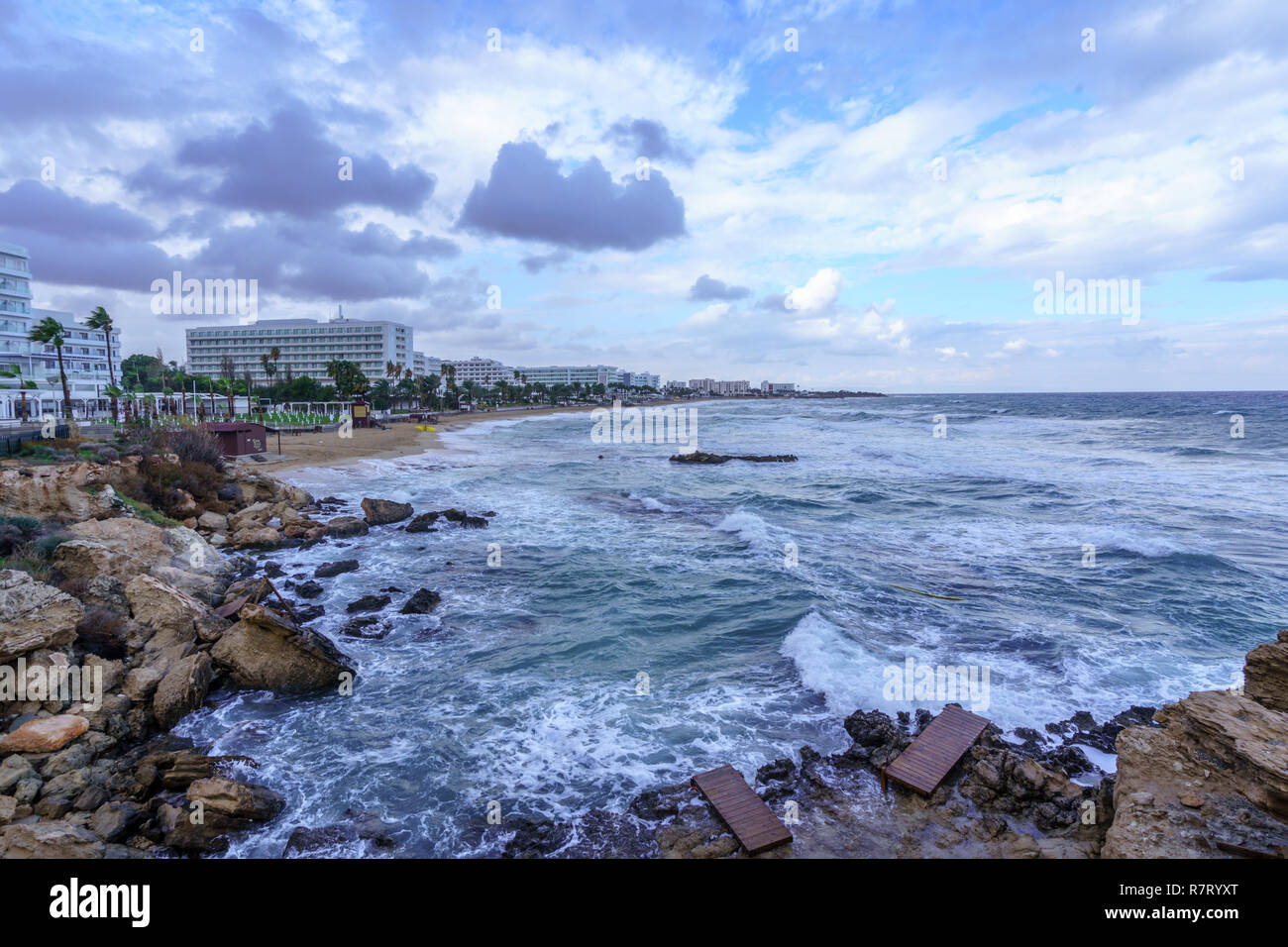 Mare mosso al litorale con le onde e le palme Foto Stock