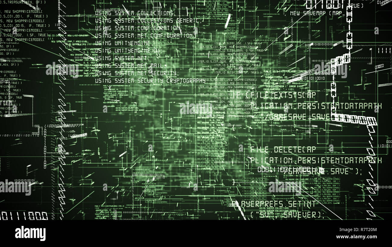 Futuristico programmazione astratto verde codice digitale flythrough. La tecnologia scientifica dei dati di rete binario 3D'illustrazione. Connessione, blockchain e mi Foto Stock