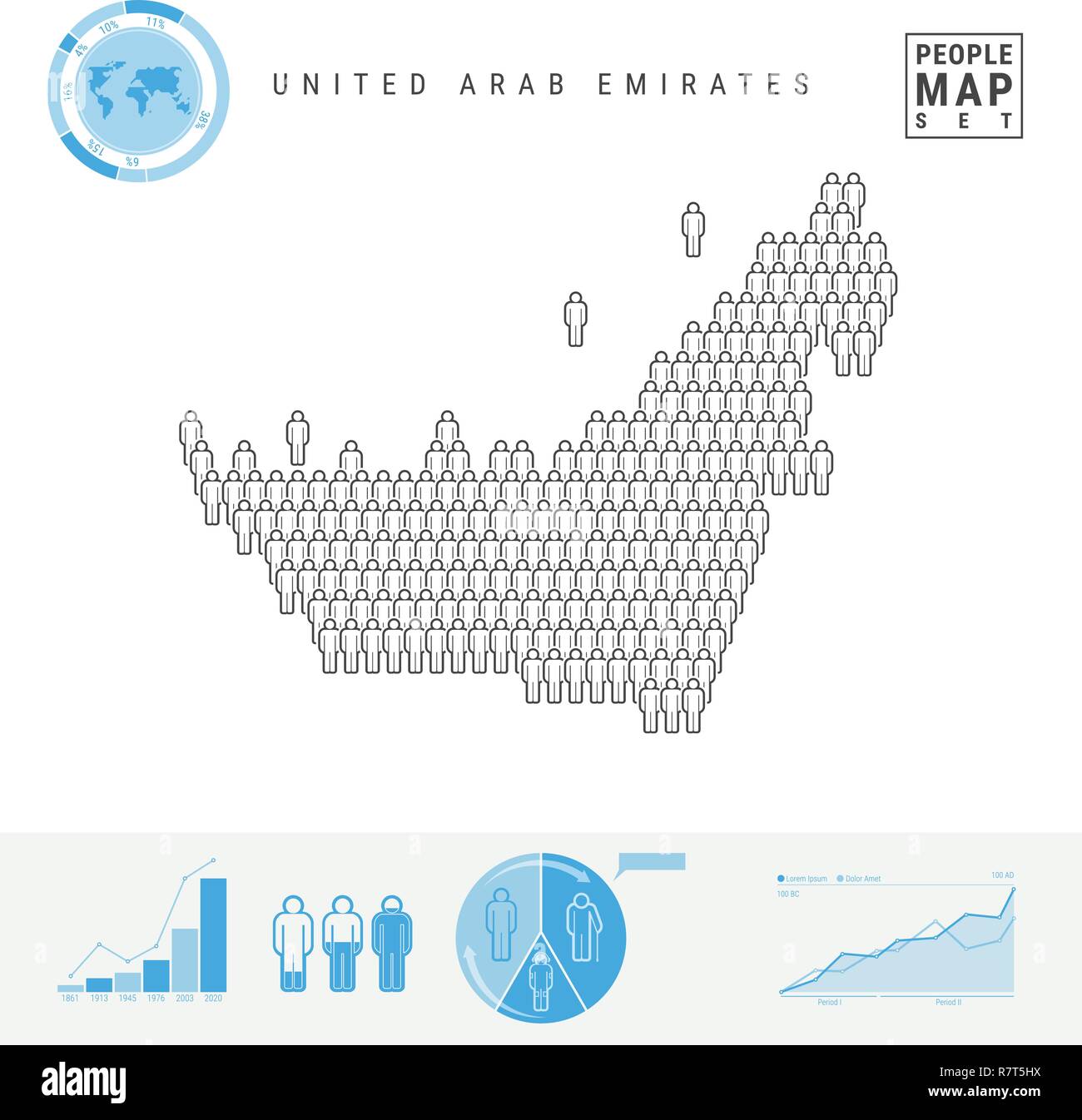 Emirati Arabi Uniti Persone Mappa Icona. Le persone si affollano nella forma di una Mappa di Emirati Arabi Uniti. Silhouette stilizzata di EMIRATI ARABI UNITI. Tasso di crescita e di invecchiamento della popolazione ed infografico E Illustrazione Vettoriale