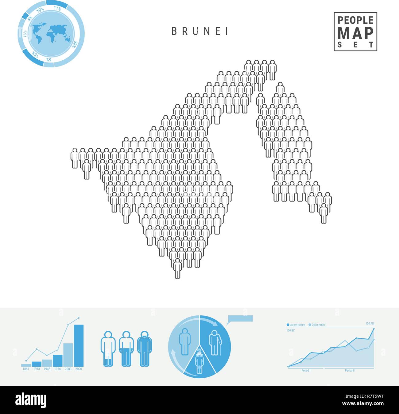 Brunei icona Persone Mappa. Vettore stilizzati Silhouette di Brunei. Tasso di crescita e di invecchiamento della popolazione Infographics Illustrazione Vettoriale