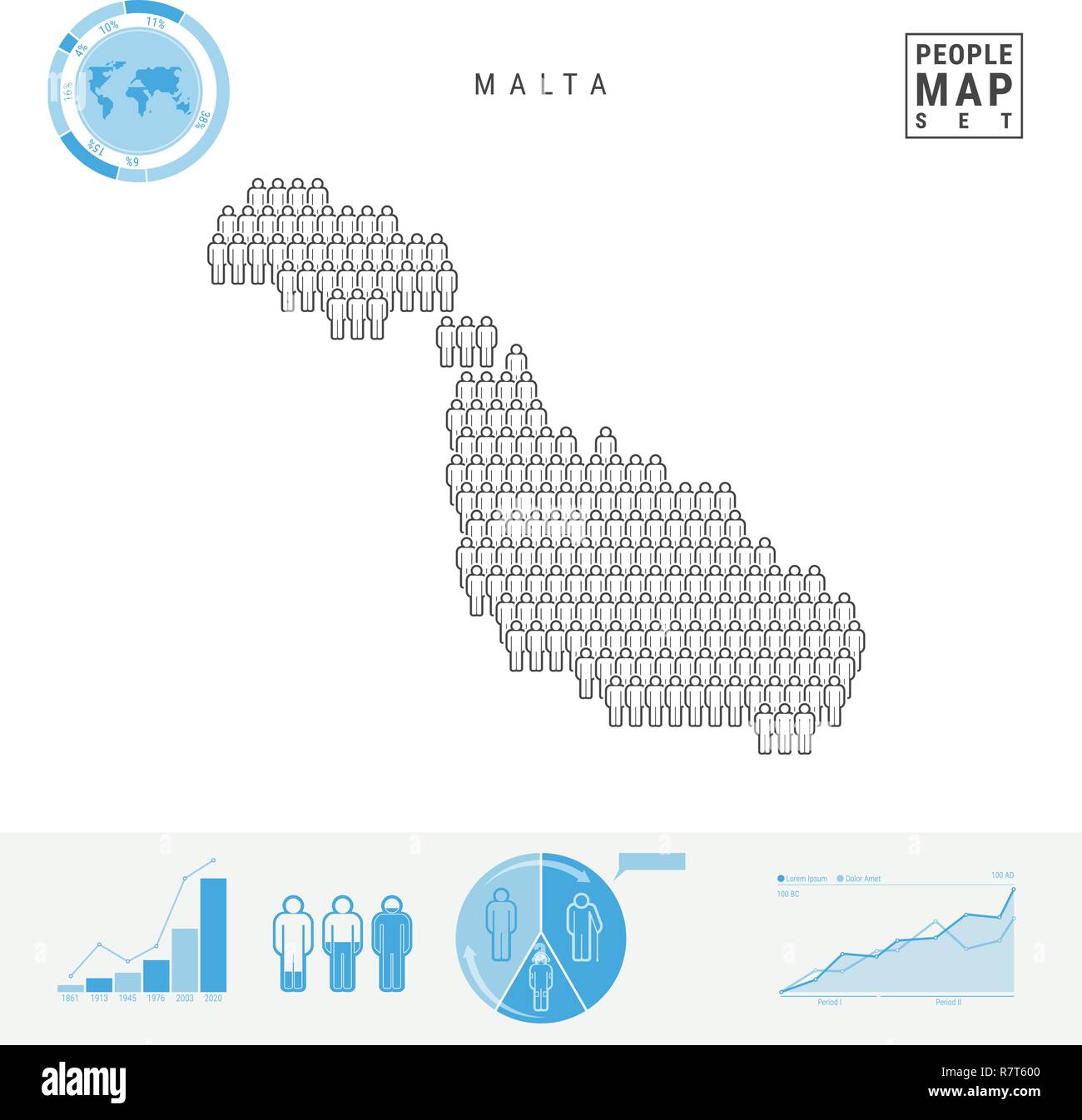 Malta icona Persone Mappa. Vettore stilizzati Silhouette di Malta. Tasso di crescita e di invecchiamento della popolazione Infographics Illustrazione Vettoriale