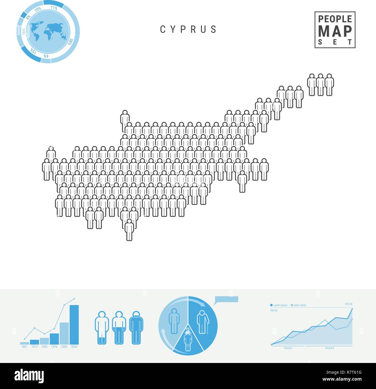 Cipro icona Persone Mappa. Vettore stilizzati Silhouette di Cipro. Tasso di crescita e di invecchiamento della popolazione Infographics Illustrazione Vettoriale