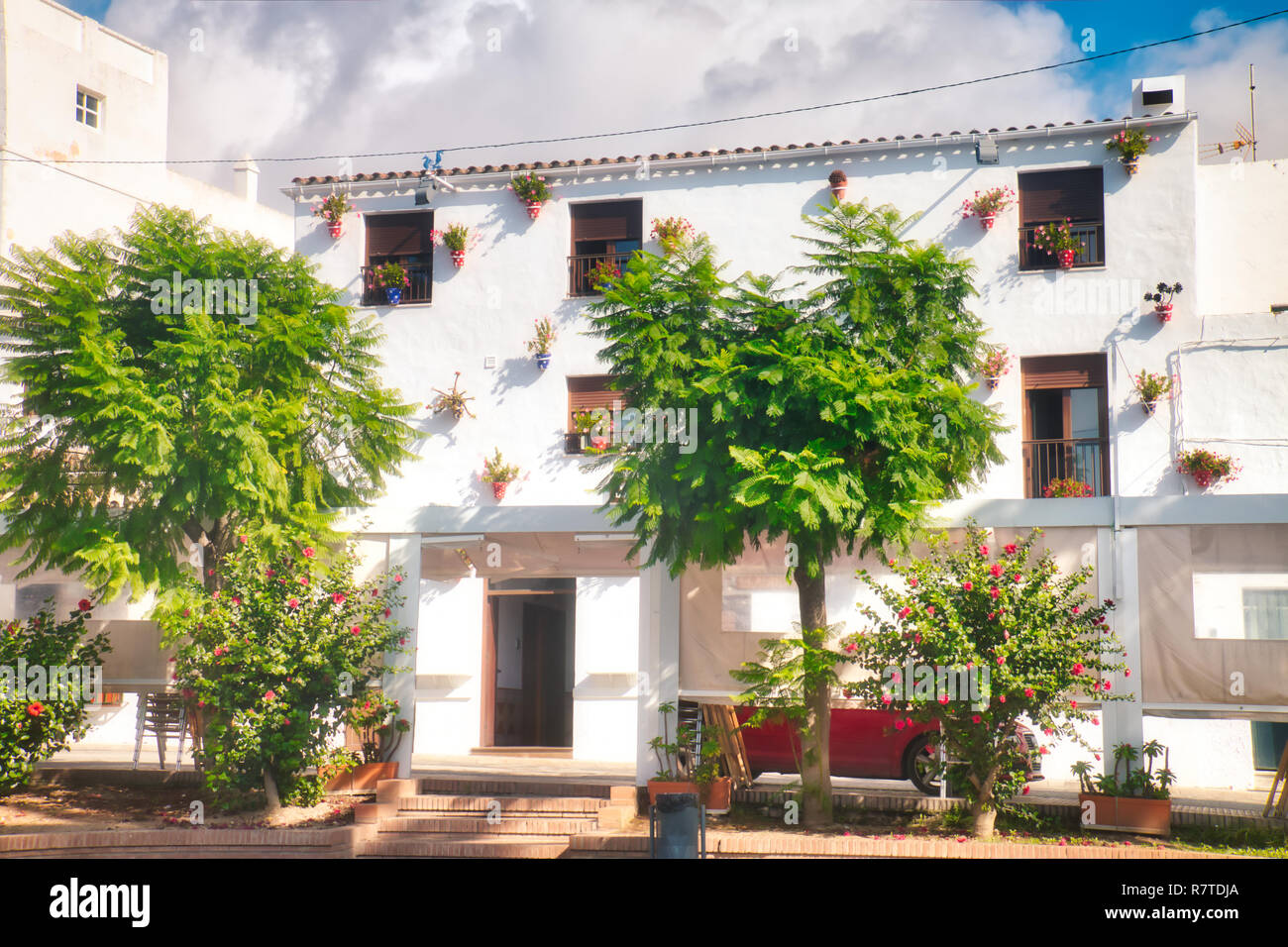 Tipica casa andalusa facciata, pieno di vasi con fiori, a Conil de la Frontera, una bellissima e villaggio turistico nella provincia di Cadice, Andal Foto Stock